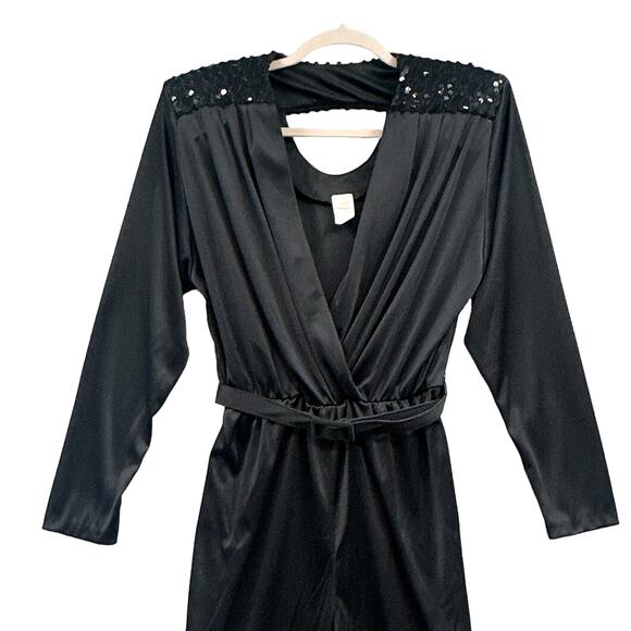 VTG 80s Black Jumpsuit Women 9/10 Sequin Disco Witchy Goth Party NYE Glam Goddes - Picture 4 of 16